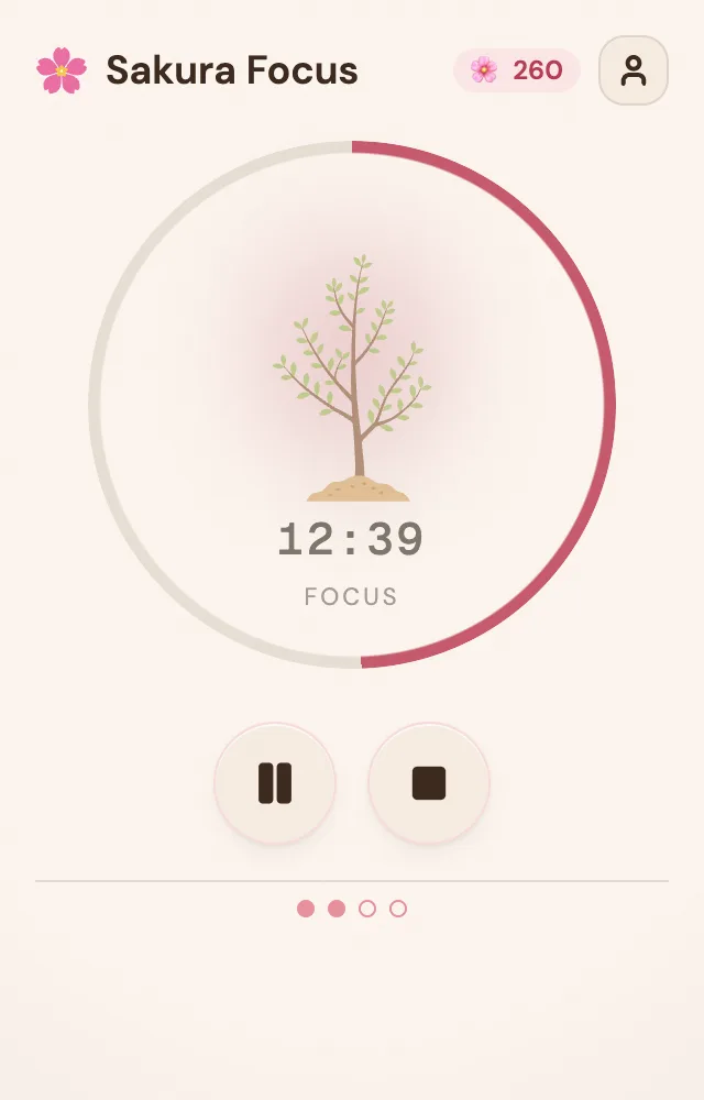Sakura Focus Pomodoro timer mid-session at 12:39, its tree growing as you focus